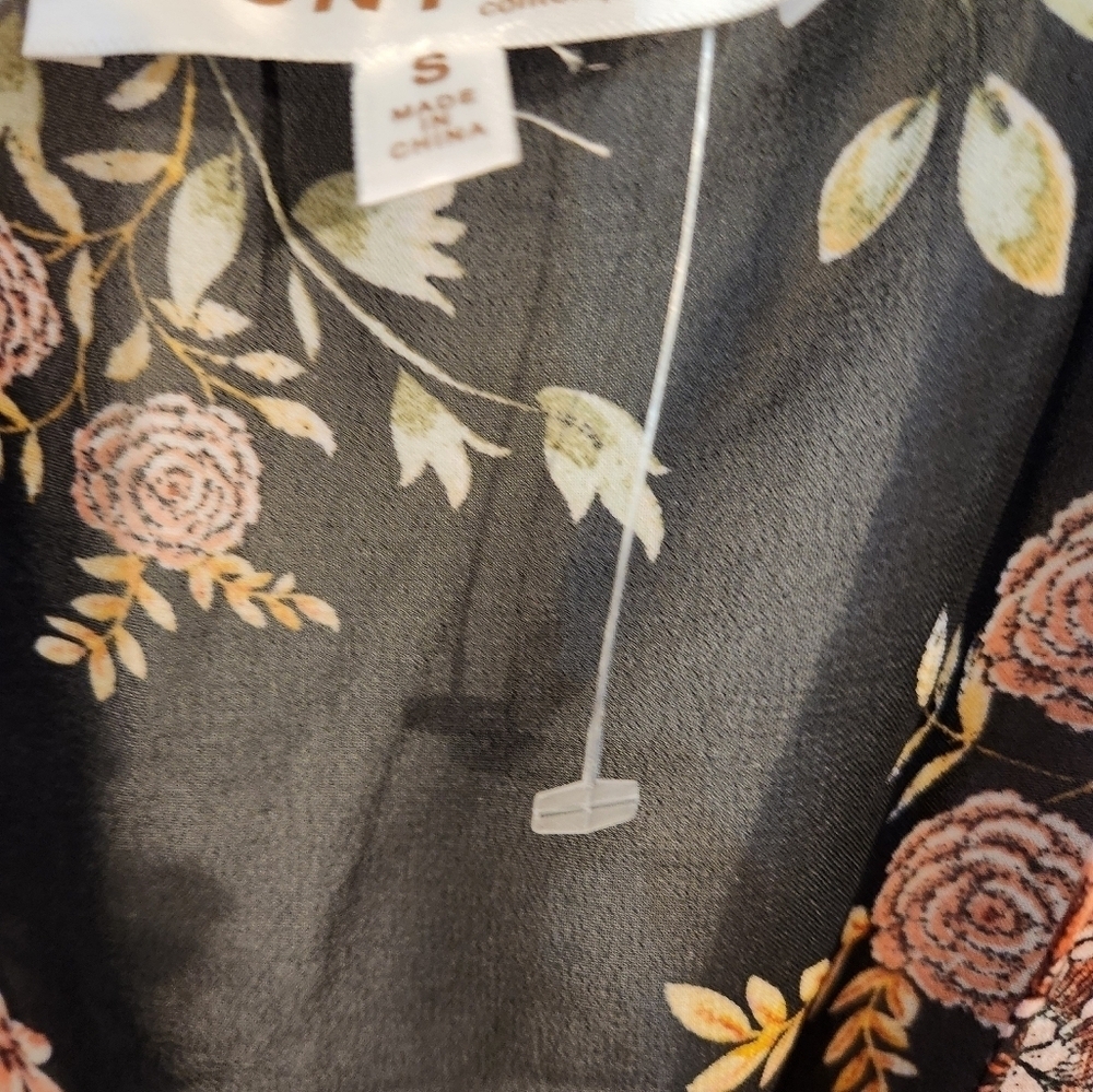 KontroL Contemporary Kimono Cover-up Black Peach Floral S Elastic Tie Waist Dark - Picture 6 of 7